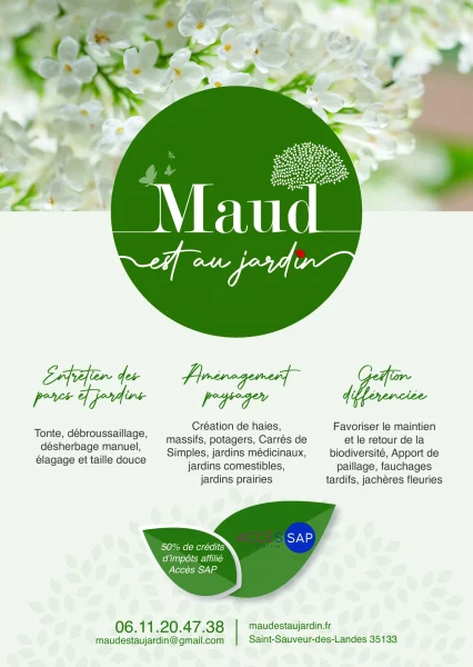 Création d’affiche, Maud est au Jardin affiche A3 publicitaire pour Maud est au jardin, éco paysagiste à fougères près de Vitré